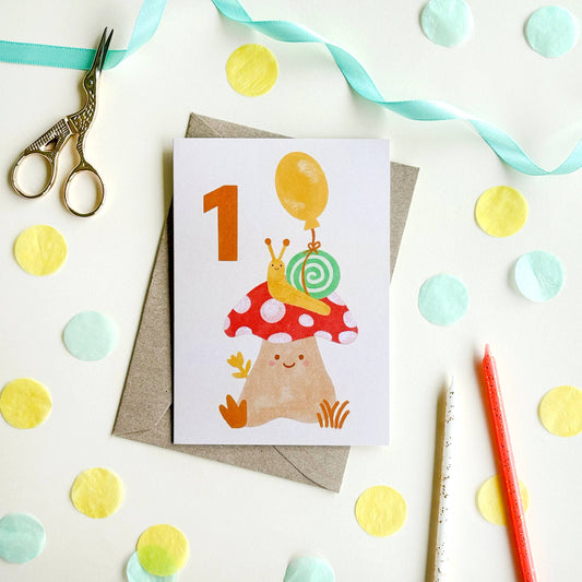 Age 1 Mushroom Snail Birthday Card - Kids Cute 1st Milestone