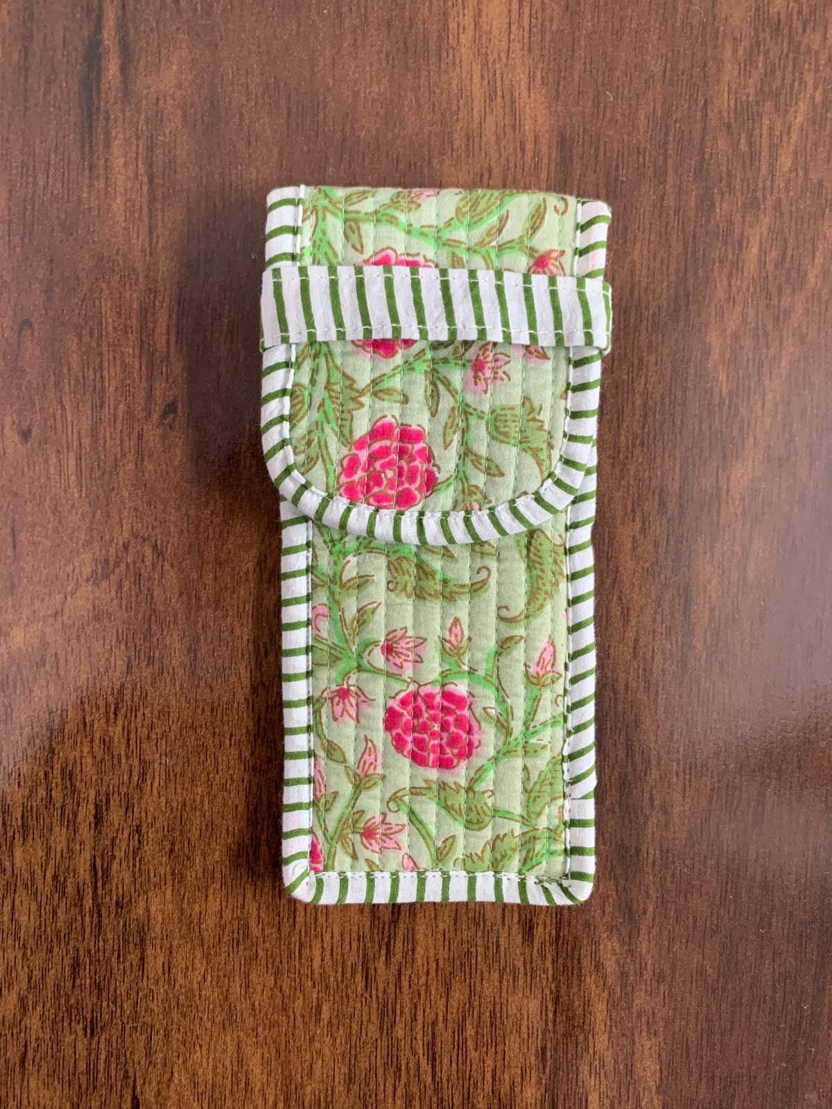 Quilted Glasses Case - Green with Pink Floral