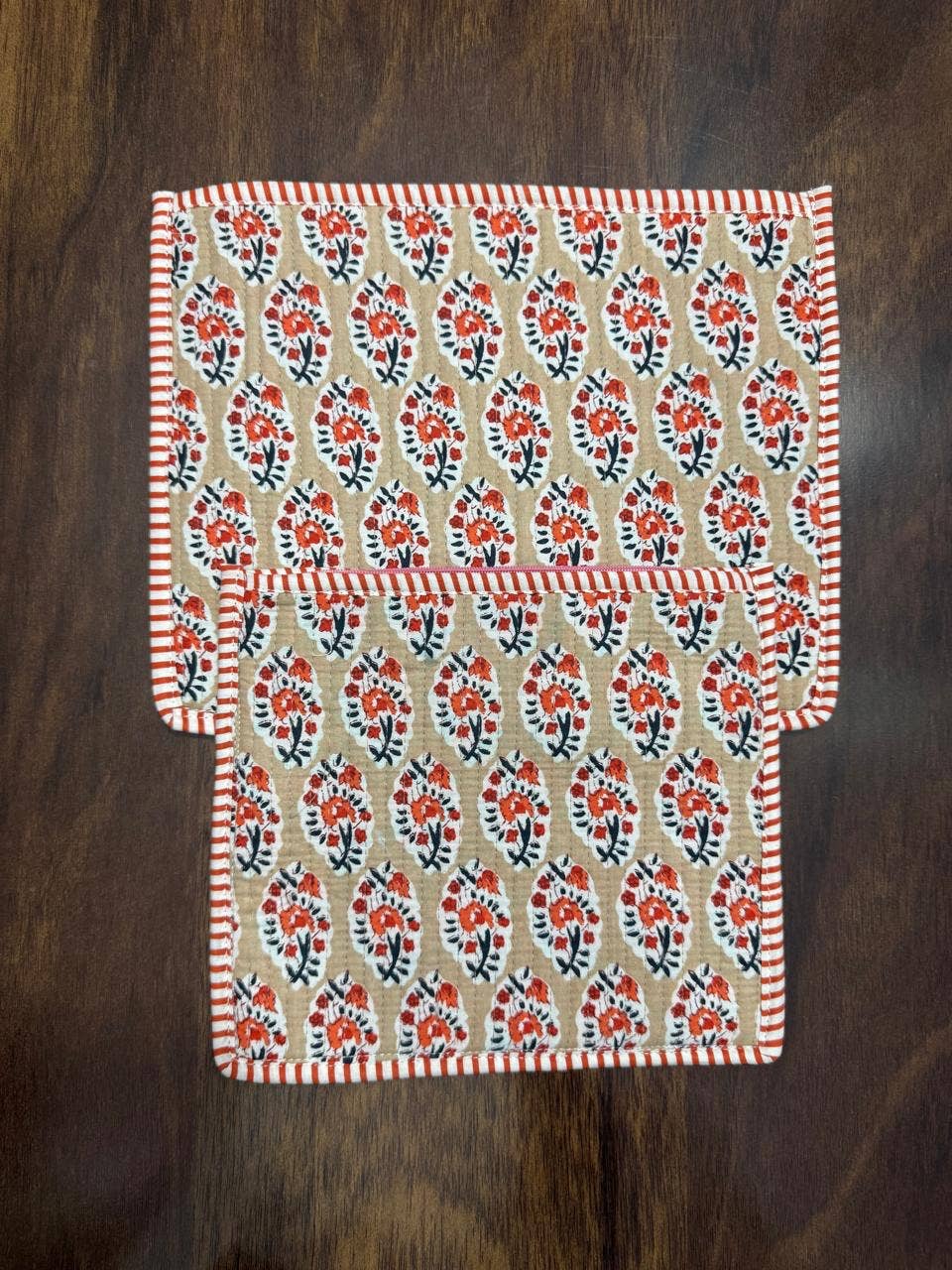 Quilted Zipper Pouch - Beige With Orange & Red Floral