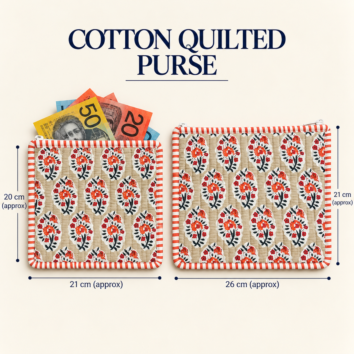 Quilted Zipper Pouch - Beige With Orange & Red Floral