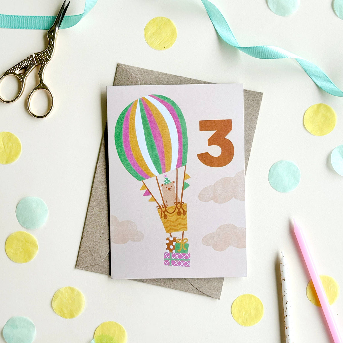 Age 3 Bear Birthday Card - Kids Cute 3rd Milestone Balloon