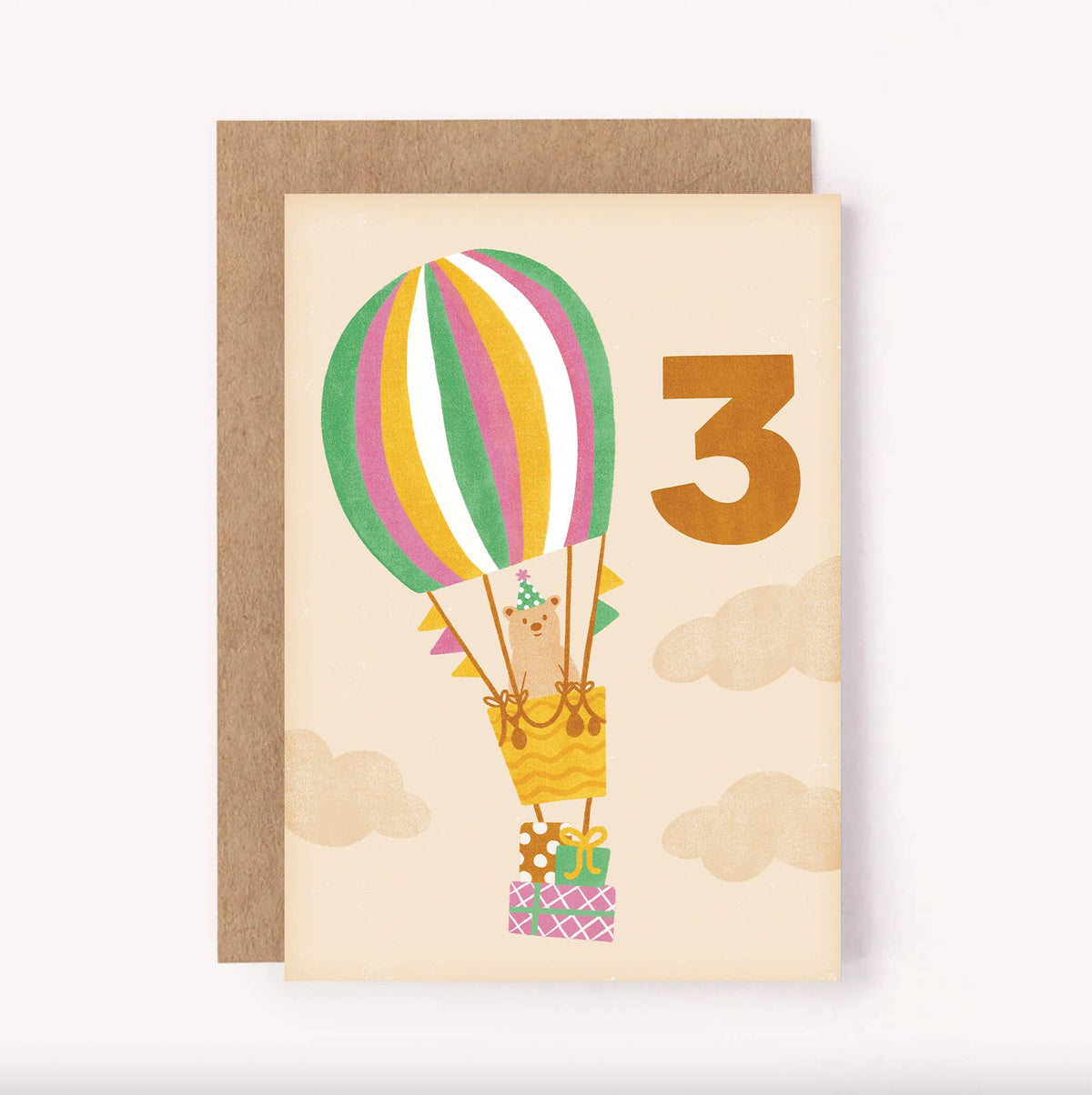 Age 3 Bear Birthday Card - Kids Cute 3rd Milestone Balloon