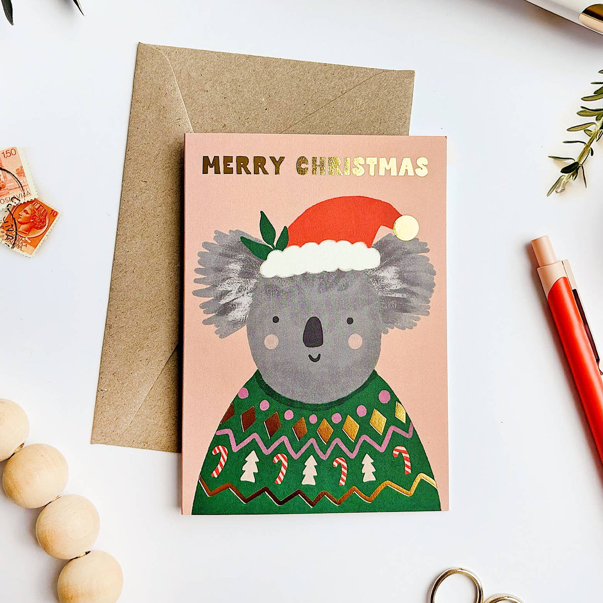 Christmas Koala Gold Foil Card - Festive Greeting Xmas