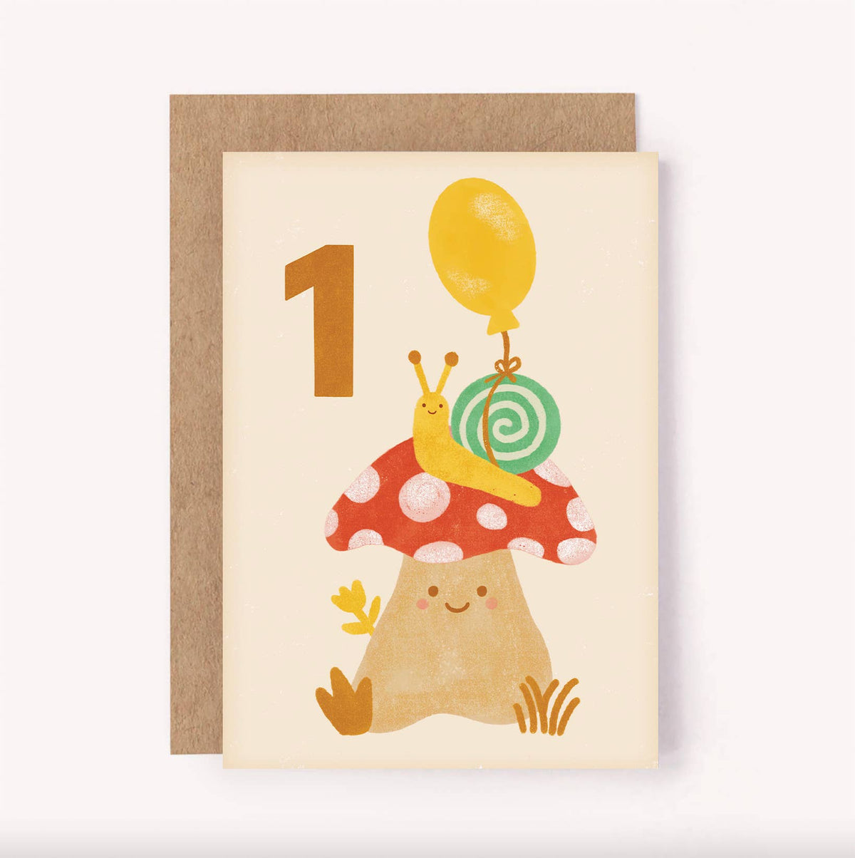 Age 1 Mushroom Snail Birthday Card - Kids Cute 1st Milestone
