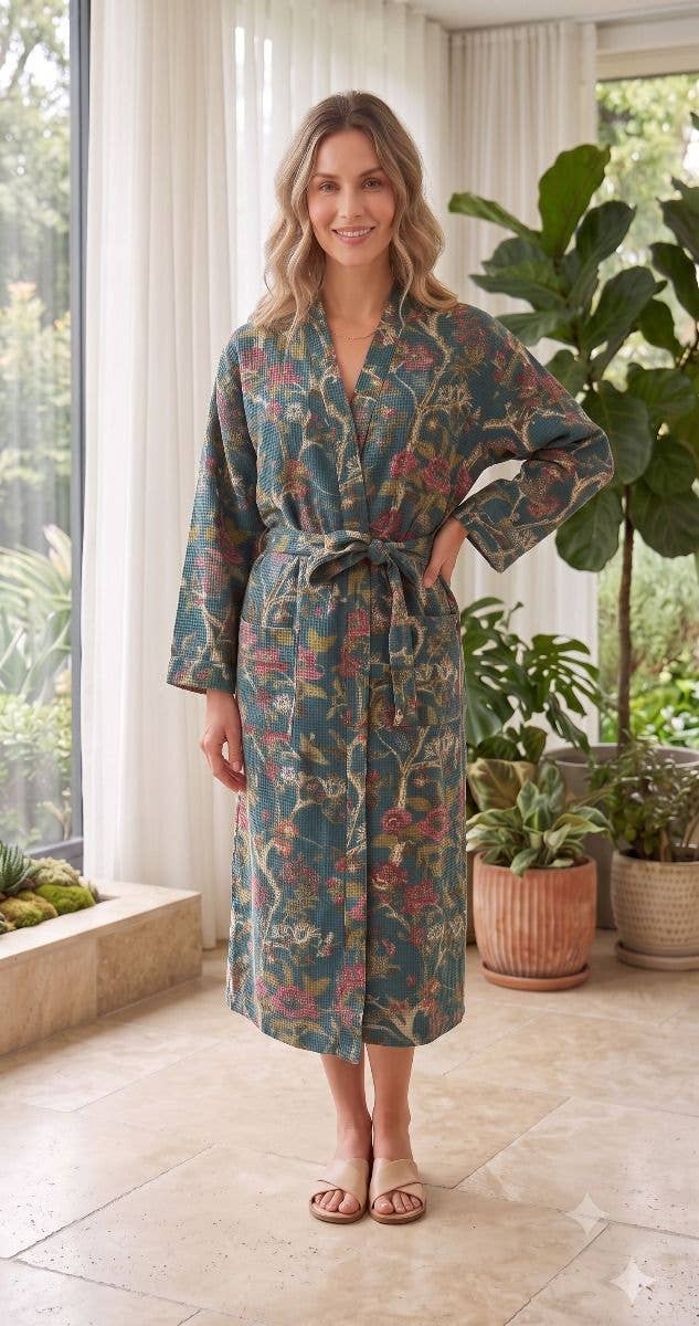 Blue Bird Print Waffle Kimono (Free Size)