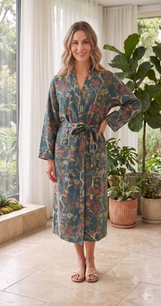 Blue Bird Print Waffle Kimono (Free Size)