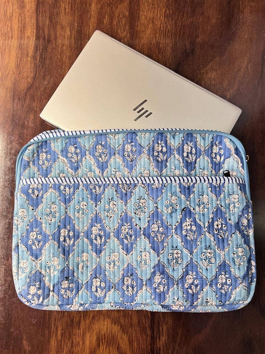 Quilted Laptop Bag - Blue & Pale Blue Floral
