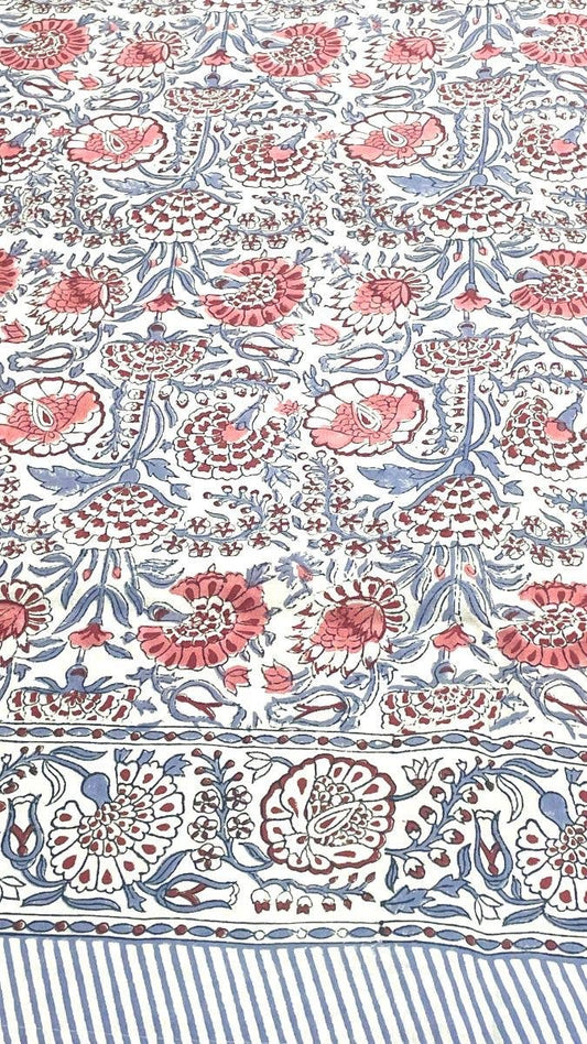 Pink/Grey Cotton Block Print Tablecloth 170x270 cm