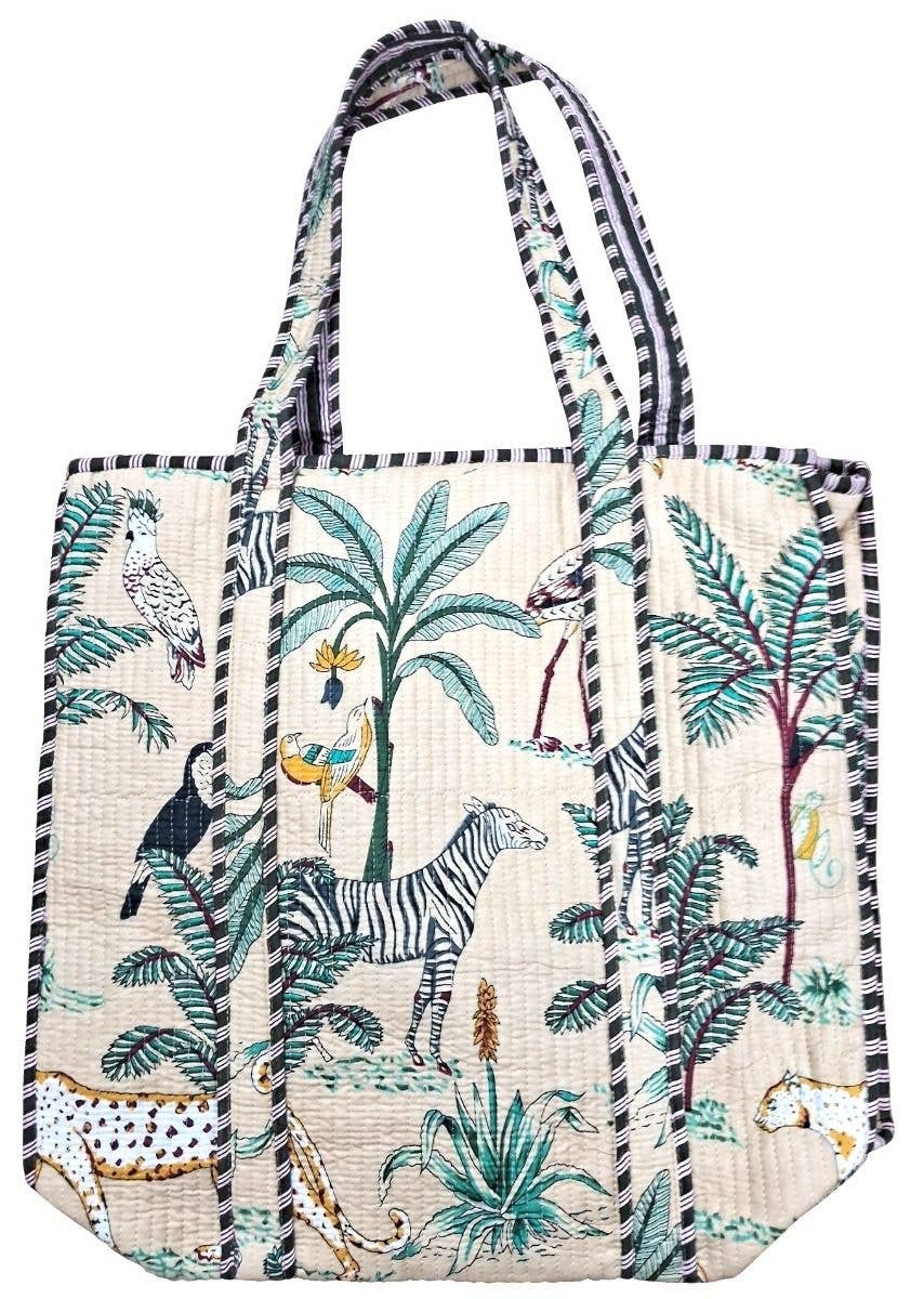 White Jungle Design Kantha Stitch Bag 45(W) X45(H) X12 (D) cm
