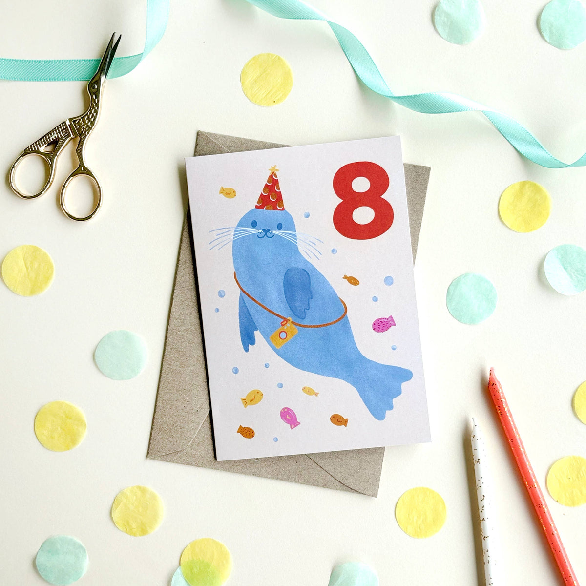 Age 8 Seal Birthday Card - Kids Cute 8th Milestone Party