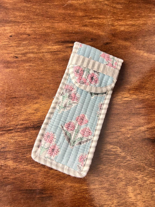 Quilted Glasses Case - Pale Blue With Pink Floral