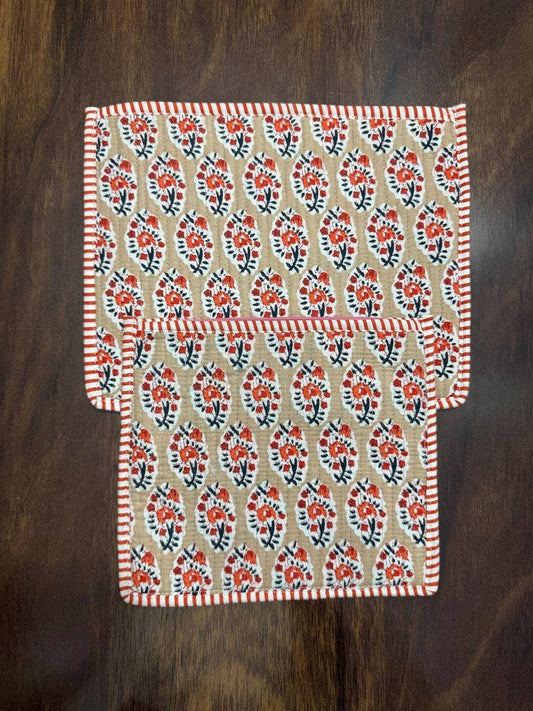 Quilted Zipper Pouch - Beige With Orange & Red Floral