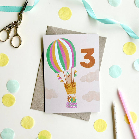 Age 3 Bear Birthday Card - Kids Cute 3rd Milestone Balloon