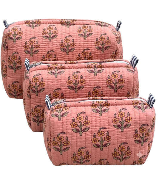 S/3 Kantha Stitched Bags Terracotta Bootie Print Design 18 (W)X14 (H) X8 (D) cm / 22(W)X18(H) X10(D) cm / 25(W)X22(H) X11 (D) cm